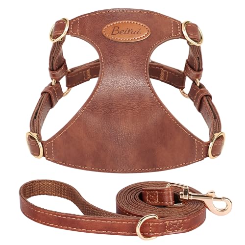 Beirui ‌Stylish PU Leather Dog Harness‌ and Leash Set for Small Dogs, ‌Adjustable Step in Dog Vest Harness with Breathable...