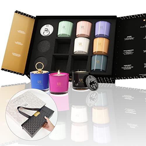 ESNA HOME Mega Luxury Aromatherapy Scented Soy Candle Gift Set, 9 Votive Archive Candle Set with Fabric Ribbon Handles - D...