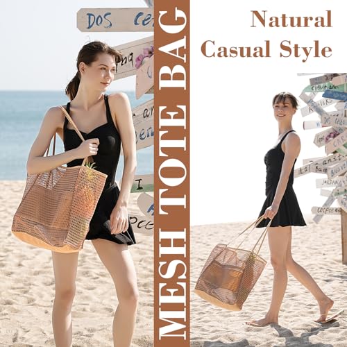 Tavaleu Mesh Beach Bag, Beach Bags for Women, Woven Straw Beach Tote Bag Waterproof with Inner Pocket, Packable Beach Bag