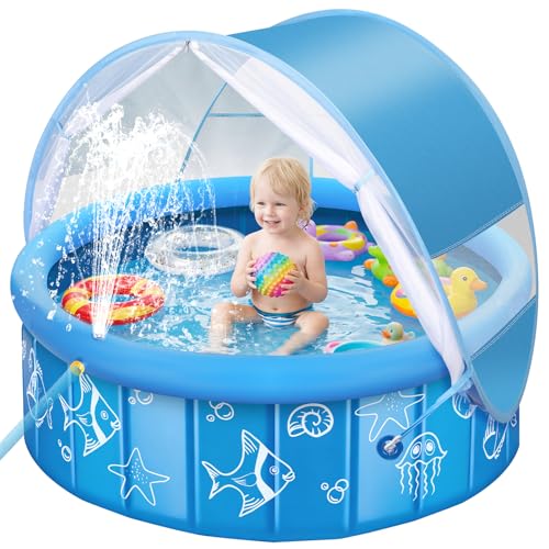 Upgraded Baby Pool with Canopy Sprinkler, 47in Foldable Kiddie Pool with Pop Up Mosquito Net, Baby Beach Tent with Sun Sha...