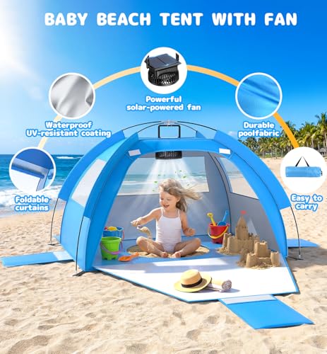 Dsquu Baby Beach Tent Solar Cooling Fan, Anti-UV Toddler Beach Tent Sun Shelter Portable Travel Fan Beach Shade Tent, Baby...