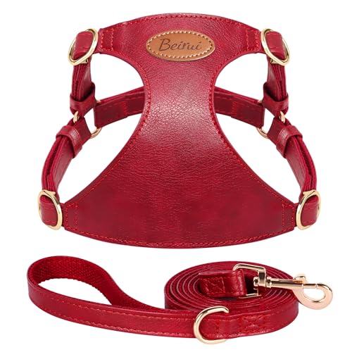 Beirui ‌Stylish PU Leather Dog Harness‌ and Leash Set for Small Dogs, ‌Adjustable Step in Dog Vest Harness with Breathable...
