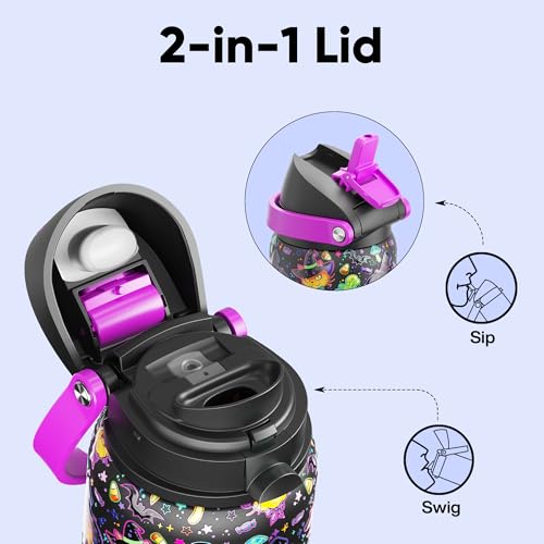 Insulated Water Bottle with Straw - Encool Stainless Steel Water Bottle with Push Button Lid, Leak-Proof & BPA-Free, Keeps...