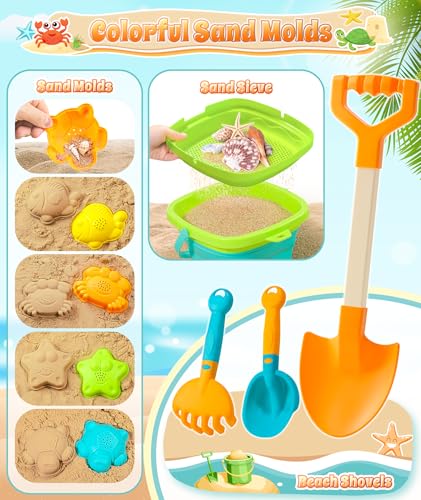 DUDUCOFU Collapsible Beach Sand Toys for Kids Toddlers, Collapsible Sand Bucket with Sifter Shovels Set with Mesh Bag and ...