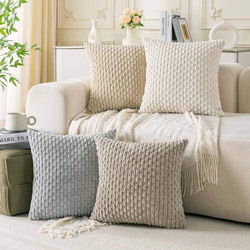 Cozoomy Set of 4 Neutral Decorative Throw Pillow Covers 18x18 Inch Corduroy Pillow Covers for Bed Couch Sofa Living Room S...