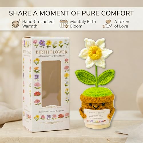 Xulvrax December Birth Flower Narcissus Crochet Potted Plant Gift, Handmade Style with Wooden Base, Meaningful Birthday De...