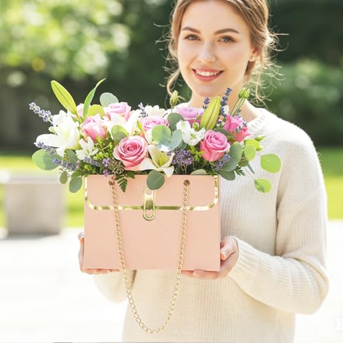 Flower Paper Gift Box, 4PCS Bouquet Storage Bucket Paper Flower Handbag Boxes with Metal Chain Flower Bags for Bouquets Mo...