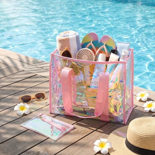 Hsei 6 Pcs Clear Iridescent Beach Bag with Phone Pouch for Women Beach Travel Large Waterproof Tote Bags for Vacation Picnic