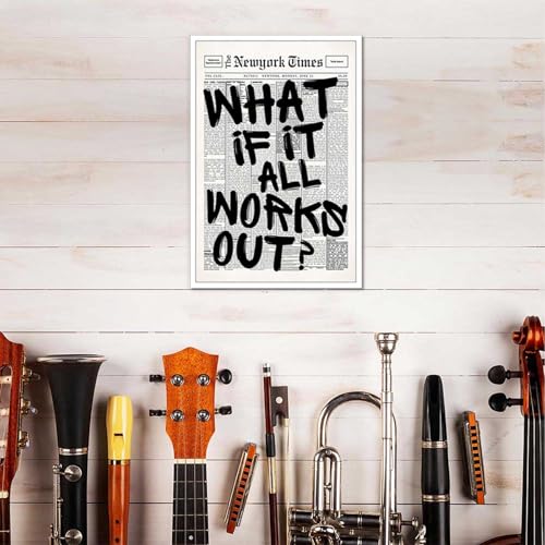 Drimiler Retro Black And White Newspaper Poster What If It All Works Out Canvas Wall Art Positive Affirming Quote Minimali...