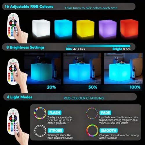 MIUWLXT 4-inch LED Cube Night Light, Rechargeable Color Changing Bedside Lamp with Remote, RGB + 6000K White Light, Portab...