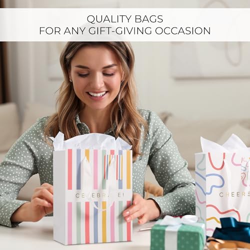 Beautiful Gift Bags Set of 4 - Medium Sized 9" Bags with Handles incl. Matching Tissue Paper, Cards & Small Stickers - Reu...