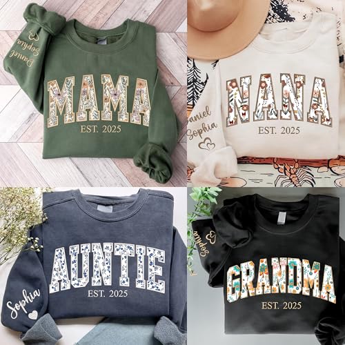 UrbanNEST Personalized Floral Embroidered Applique Mama Sweatshirt For Women, Custom Mom Gifts from Grandkids, Mama Sweate...