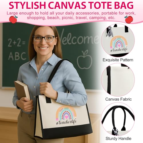 Skylety 9 Pcs Teacher Gift Set for Women Trapezoid Grocery Canvas Tote Bags with Handle Glass Jar Tumbler Scented Candle B...