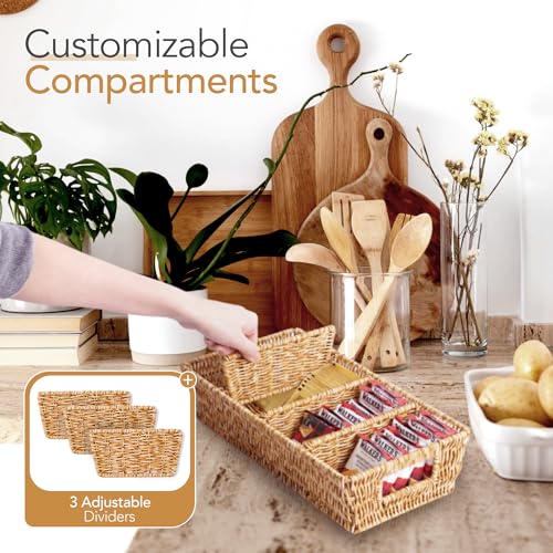 Nature-Inspired Rattan Pantry Organizer Baskets Set of 2 with 3 Removable Dividers – Handwoven Storage Bins for Kitchen or...