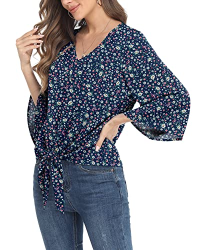 VIISHOW Women's Button V Neck Chiffon Tops 3/4 Bell Sleeve Tie Knot Casual Blouses Loose Summer Shirts