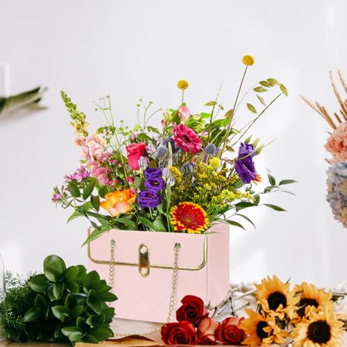 Florist Bouquet Paper Gift Box,4 Pack Folding Bouquet Flower Wrapping Boxes with Metal Chain Handle Basket Packaging Handb...