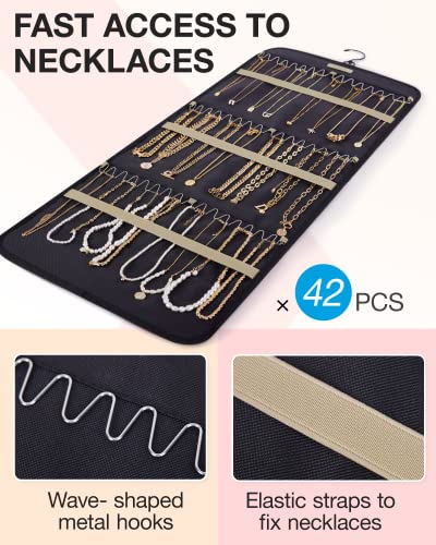 BAGSMART Hanging Jewelry Organizer Storage Roll with Hanger Metal Hooks Double-Sided Jewelry Holder for Earrings, Necklace...