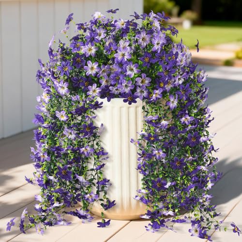 Artificial Fake Hanging Flowers Plants for Outdoor Spring Summer Decoration,2 PCS Faux Silk Daisy with Eucalyptus Leaves,U...
