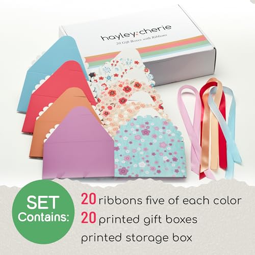 Small Floral Gift Boxes with Lids & Ribbons (20 Pack) 5.8” x 3.7” Empty Decorative Treat Boxes for Gift Giving, Baked Good...