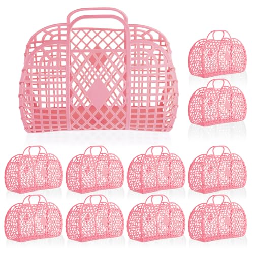 Rainmae 10 Pcs Jelly Purse Jelly Basket Beach Bags, Reusable Tote Beach Handbags, Plastic Beach Basket for Women Girls