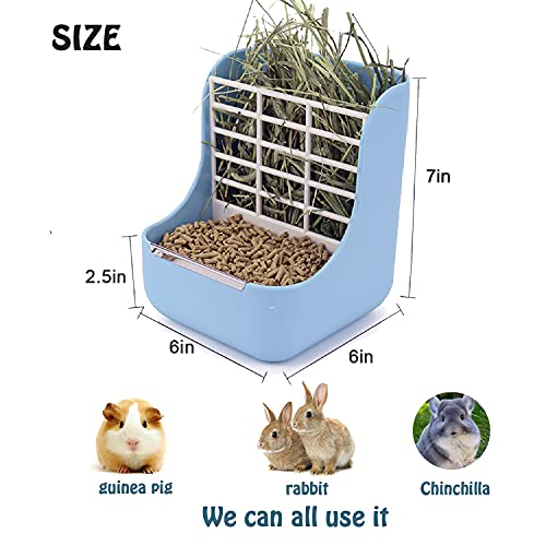 HERCOCCI PET Feeder and Water Bottle Set, Large Blue (500ml), Durable Hay Food Bin Feeder, Food Bowl, Gravity-Fed Water Di...
