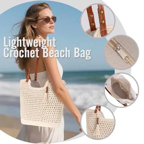 Women's Crochet Beach Tote Bag - Summer Boho Knit Woven Hollow Mesh Tote Bag with Zipper Pocket for Travel Vacation Beach ...