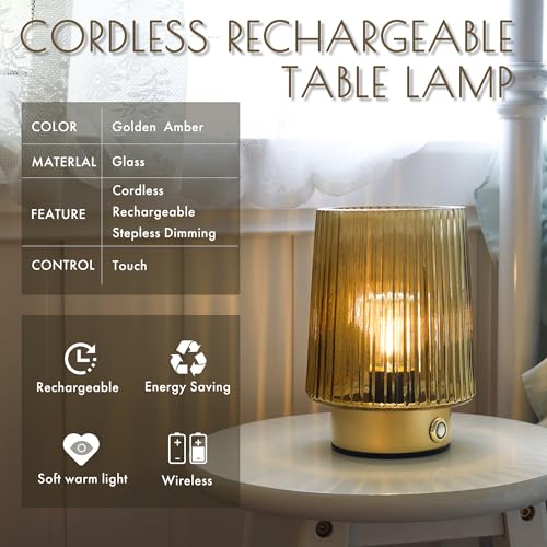 ULAROOM Cordless Lamp Rechargeable Battery Operated lamp, Glass Small Table lamp - Portable Dimmable Brightness Touch Wire...