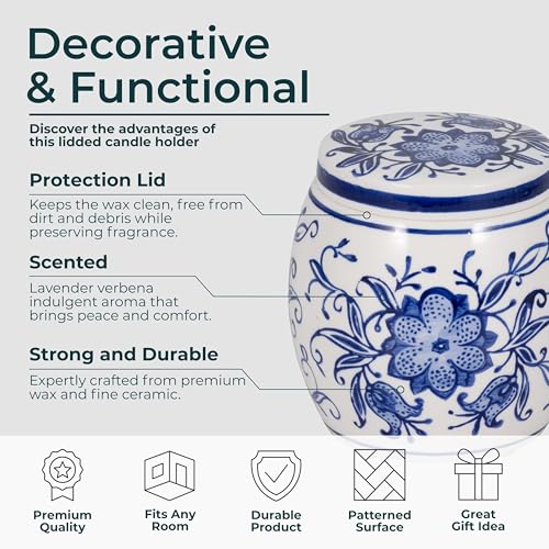 Decorative Scented Candle with Lid for Living Room Decor - Chinoiserie Floral Vine Pillar Candle for Bedroom or Bathroom D...