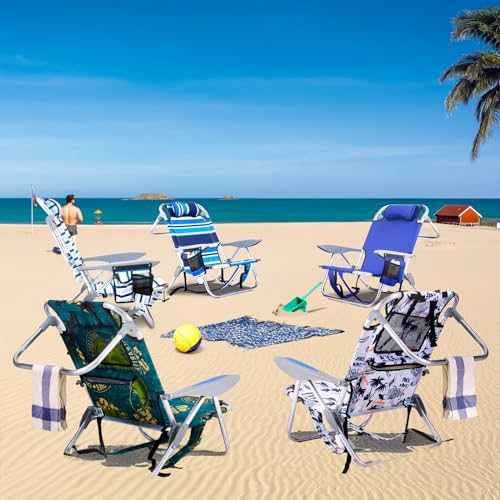 Canpsky Portable Beach Chair for Adults, Outdoor Camping Chair Lay Flat Folding Backpack Beach Reclining Chair with 5 Posi...