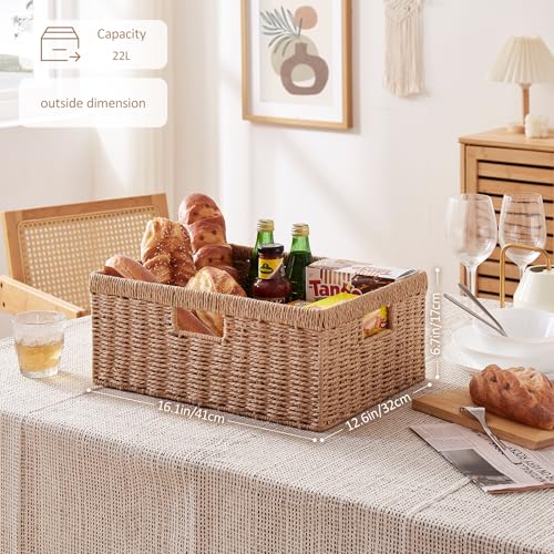 OIAHOMY Wicker Storage Basket, Rectangular Paper Rope Shelf Baskets with Built-in Handles, Woven Decorative Organizer for ...