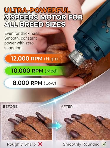 YABIFE Super Quiet Dog Nail Grinder & Clippers Kit with 2 LED Lights, 3 Speeds Up to 12,000 RPM, Lower Than 30dB Electric ...