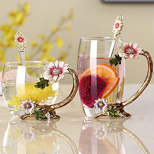 JY-Danbady Enamel Sunflower Crystal Lead-Free Glass Tea Cup with Spoon Set, Present for The Christmas, Valentine's Day.Bes...