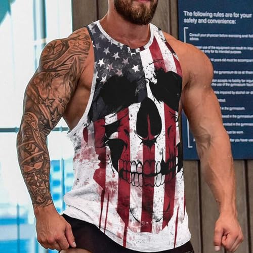 MARSVOVO Mens US Flag Tank Tops Skull Graphic Print Sleeveless Crew Neck Western Shirts for Men Fashion Vest