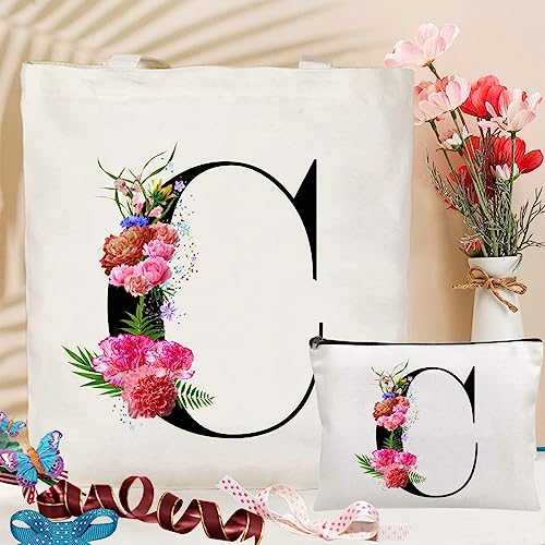 Andeiltech Initial Canvas Tote Bag Floral Letter Personalized Makeup Bag Monogrammed Gift for Bridesmaids Birthday Wedding