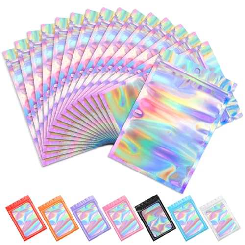 Funfery 100 pcs Mylar Holographic Bags Packaging Bags,Clear Resealable Bag Foil Pouch Bag for Party Favor,Goodies,Treat,Ca...