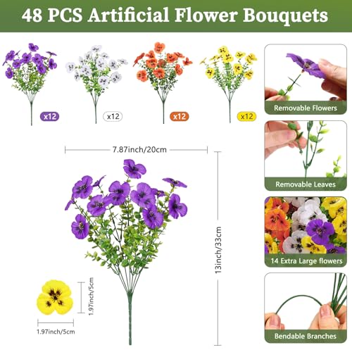 Alupssuc 48 Bundles Artificial Flowers for Outdoors, Fake Spring Flowers for Decoration, UV Resistant Realistic Pansies wi...