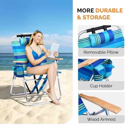 VINGLI Aluminum 17" Backpack Beach Chair – Tall Beach Chairs for Adults, Portable with Adjustable Straps, 3-Position Recli...