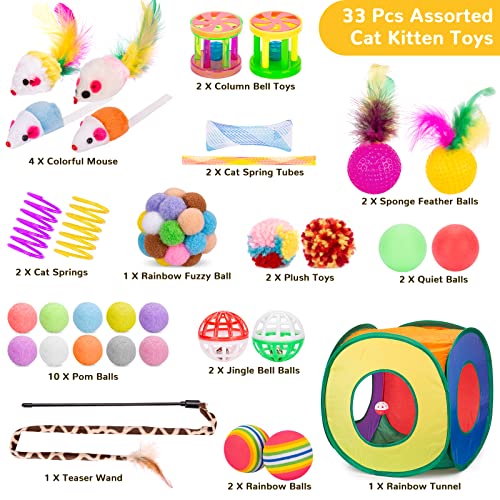 Retro Shaw Cat Toys Pack 33Pcs, Interactive Kitten Toys for Indoor Cats Kitty with Collapsible Play Tunnel Tent, Feather T...