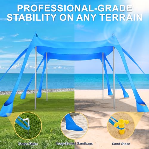 Beach Tent Sun Shelter UPF 50+,10x10 FT Beach Canopy Tent Sun Shade,Pop Up Beach Canopy with 8 Sandbags, Outdoor Beach Sha...