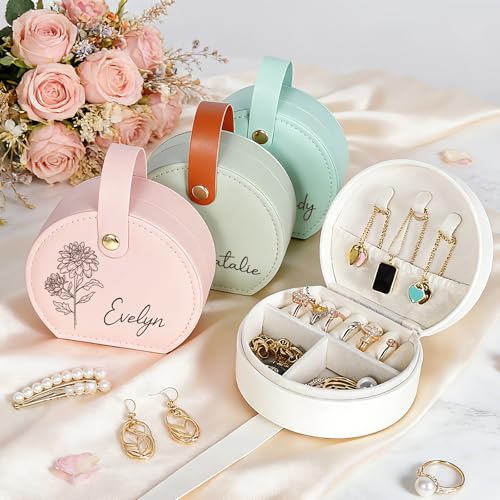 Jumaple Mothers Day Gifts for Mom, Personalized Jewelry Box with Name Birth Flower, Custom Small Leather Jewelry Travel Ca...