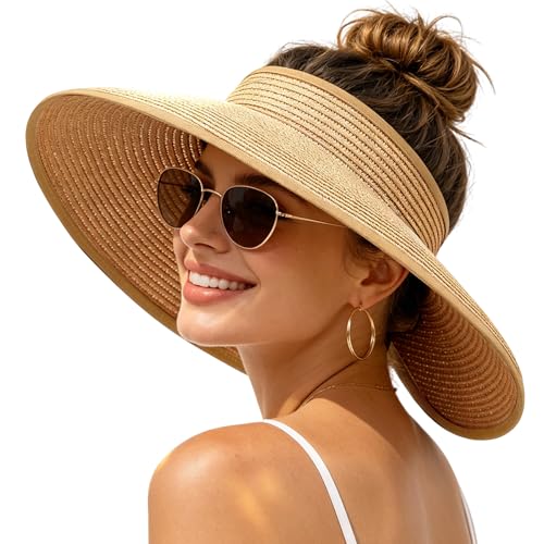 Sun Hats Visor for Women, UV UPF Straw Beach Hat Foldable Wide Brim Ponytail Summer Hats Packable Travel