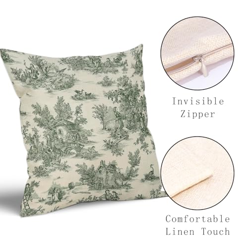 Green Toile Pillow Covers 18x18 Inch Set of 2 Olive and Beige French Country Cotton Linen Decorative Throw Pillow Case Cot...