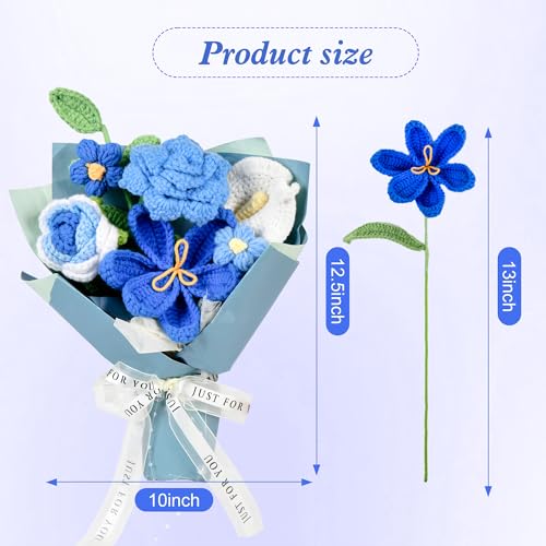 MengxFly Crochet Flower Bouquet Blue, Handmade Crochet Flowers Bouquet, Knitted Floral Gift for Her, with Gift Box, Bag an...
