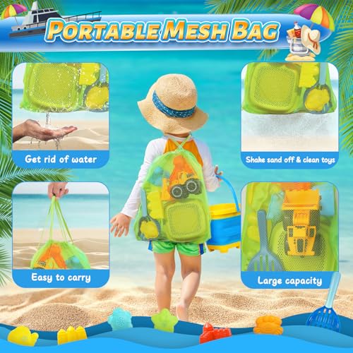 Collapsible Beach Sand Toys Set for Kids - Includes Bucket, Mesh Shovel, Filter Scooper & Castle Molds - Toddler Beach Toy...