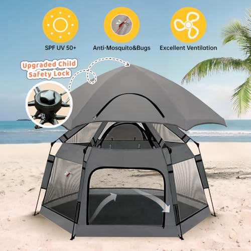 Instant Pop Up Baby Playpen with UV Canopy & Safety Lock, Portable Outdoor Beach Tent Play Yard for Toddlers, Breathable M...