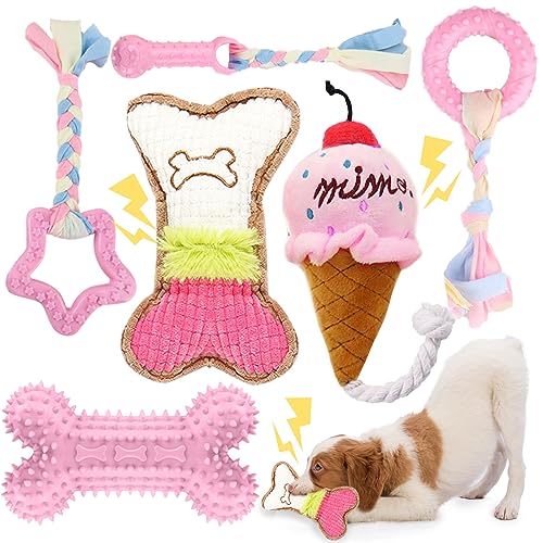 BAEJMJK 6 Pack Puppy Teething Toys Pink Small Breed Dog Chew Toys with Rope Cute Soft Rubber Puppy Toys Set for Cleaning T...