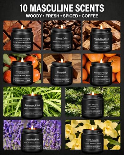 10 Pack Scented Candles for Men, Masculine Candle Gift Set with Woody & Fresh Scents, Soy Wax Aromatherapy Candles for Hom...