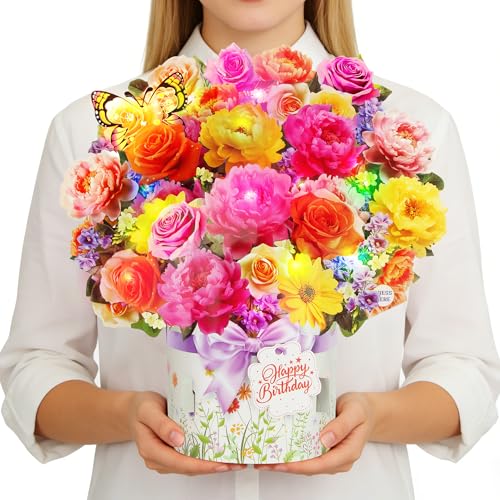 XTF2015 Birthday Cards with MUSIC & LIGHTS, Happy Birthday Card, Peony & Butterfly, 13 Inch Life Sized Forever Flower Bouq...