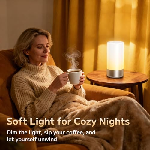 Famigreta Table Lamp, Bedside Touch Control Lamp for Bedroom 3 Level Dimmable Warm White Lights with 256 RGB Color Mode Mo...