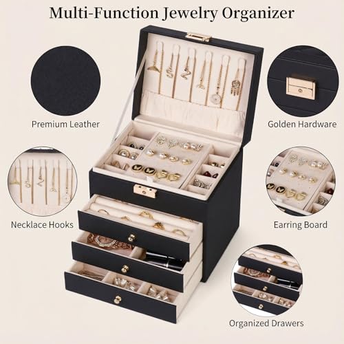 Vandozis Leather Jewelry Box with Lock for Women, 4-Tier 3-Drawer Jewelry Organizer, Large Capacity Vanity Storage Case fo...
